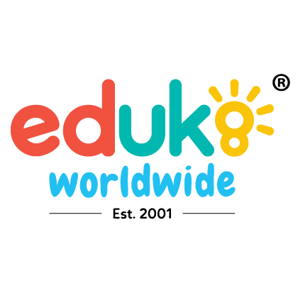 Eduk8 Worldwide logo featuring the word ‘eduk8’ in playful red, teal, and yellow lowercase letters, with the number 8 stylised as a yellow sunburst. The word ‘worldwide’ appears below in teal, with ‘Est. 2001’ written underneath in black