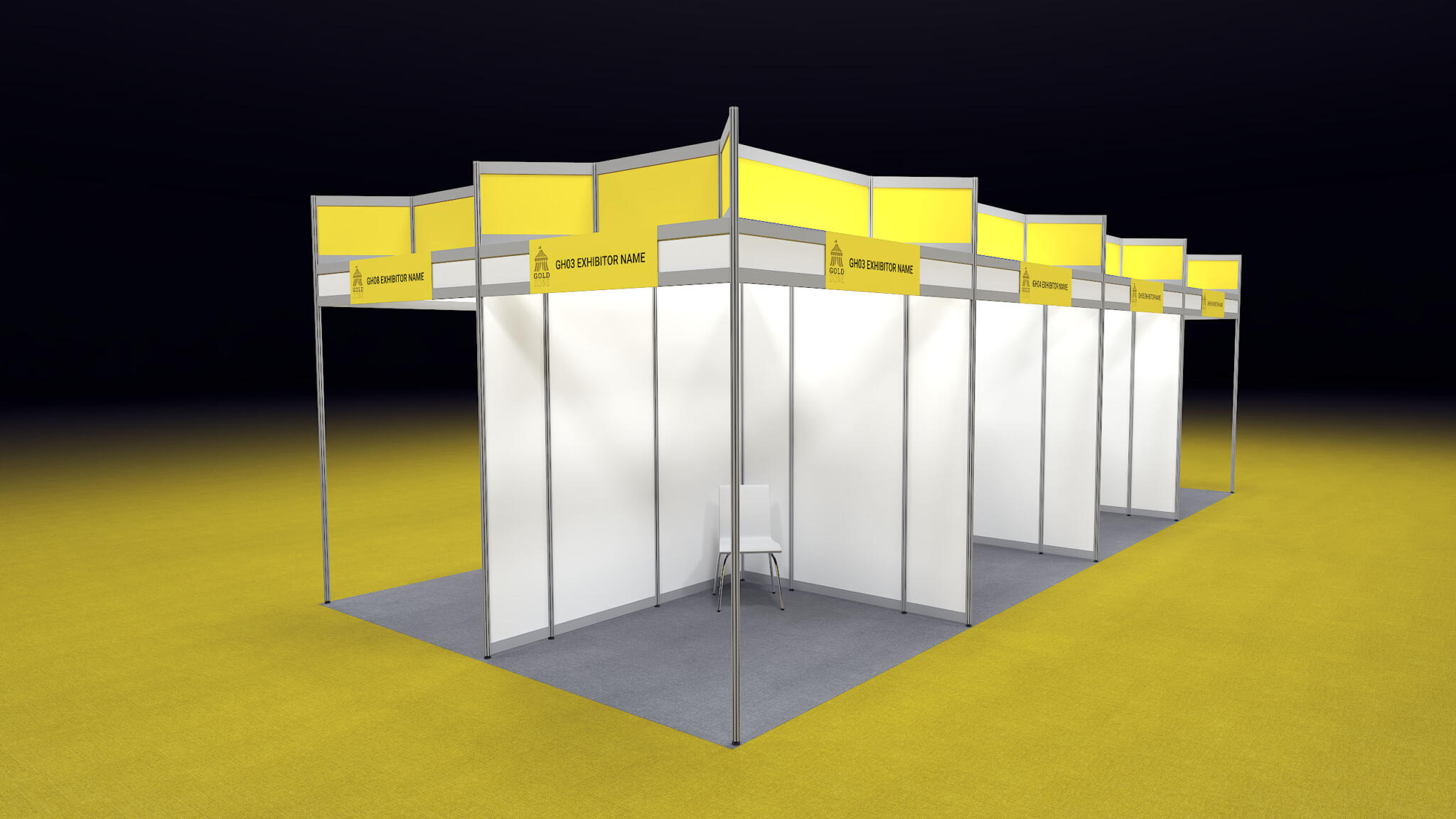 gold-zone-stand-structure Gold Zone economy stand: GES Complete white walls, grey carpet and yellow Gold Zone fascia name boards